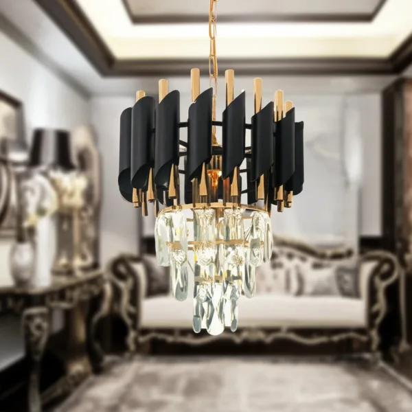 Candelabru Cristal VERSAILLES Petito 3xE14, Diametru 30cm, Auriu Lucios si Negru, Inaltime Reglabila