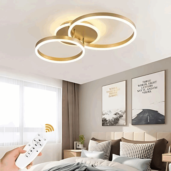 Lustra LED cu telecomanda RINOVA 72W, 2 Cercuri, lumina Rece/Calda/Neutra, Dimabila, Auriu Lucios