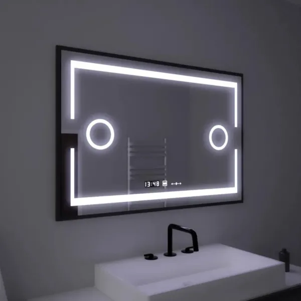 Oglinda LED Rectangulara, 120x80cm, Senzor MotionGlow Marcello, Sistem Dezaburire, Ceas & Termometru, Lupa Cosmetica, Dimabila