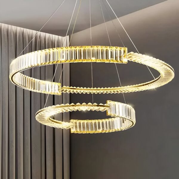 Lustra LED suspendata cu cristal PRISM REGAL 81W, 2 Cercuri, lumina Rece/Calda/Neutra, Dimabila, Auriu, Inaltime Reglabila