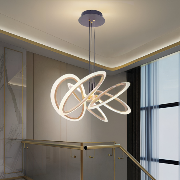 Lustra LED suspendata cu Telecomanda RIMINI 85W, 5 Elemente, lumina Rece/Calda/Neutra, Dimabila, Auriu