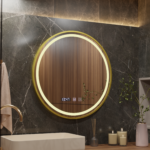 Oglinda LED Touch LUSSO, Sistem Dezaburire, Ceas si Temperatura, Diametru 60cm, Rama Auriu Brushed, Lumina Calda Rece Neutra 3000K/4500K/6000K, Dimabila