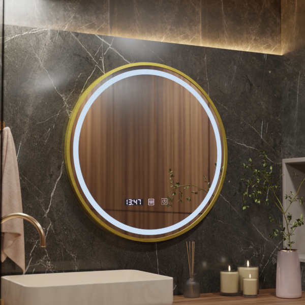 Oglinda LED Touch LUSSO Sistem Dezaburire, Ceas si Temperatura, 70 cm, rama Auriu Brushed