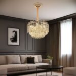 Candelabru Cristal FONTAINEBLEAU Eleganza, 9x E14, Diametru 45cm, Auriu, Inaltime Reglabila