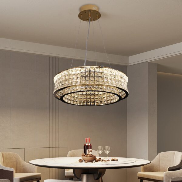Lustra LED cu Telecomanda,LLC160/500GD, Cristal si Metal, 55W, Dimabila, Inaltime Reglabila, Lumina Rece/Calda/Neutra, Iluminat Luxos